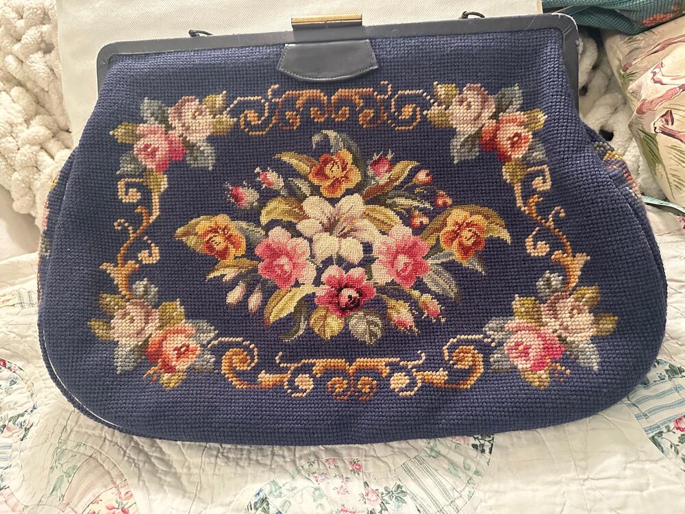 GIANT VINTAGE 50's 60's DENIM BLUE NEEDLEPOINT FLORAL FRAME BAG